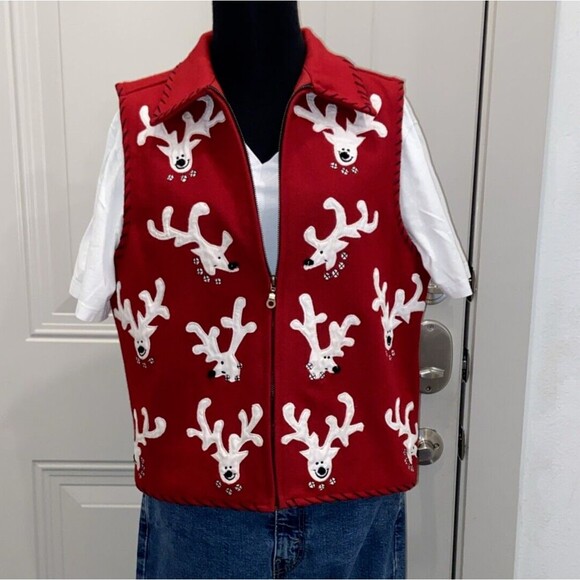 Life Style Red Christmas Vest Reindeer Appliques Full Zip Wool Women's LARGE - Picture 1 of 16